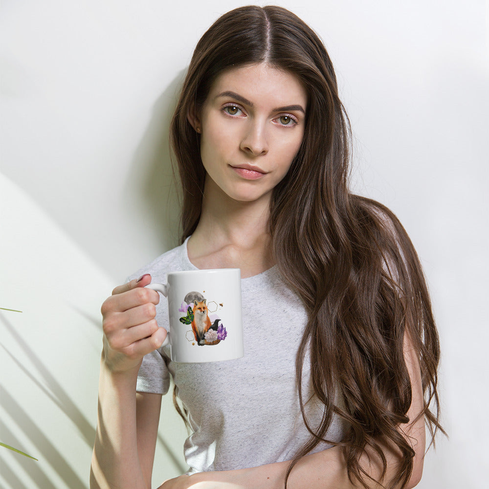 Mystical Fox & Crow Collage White Ceramic Mug - Witchy Morning Delight
