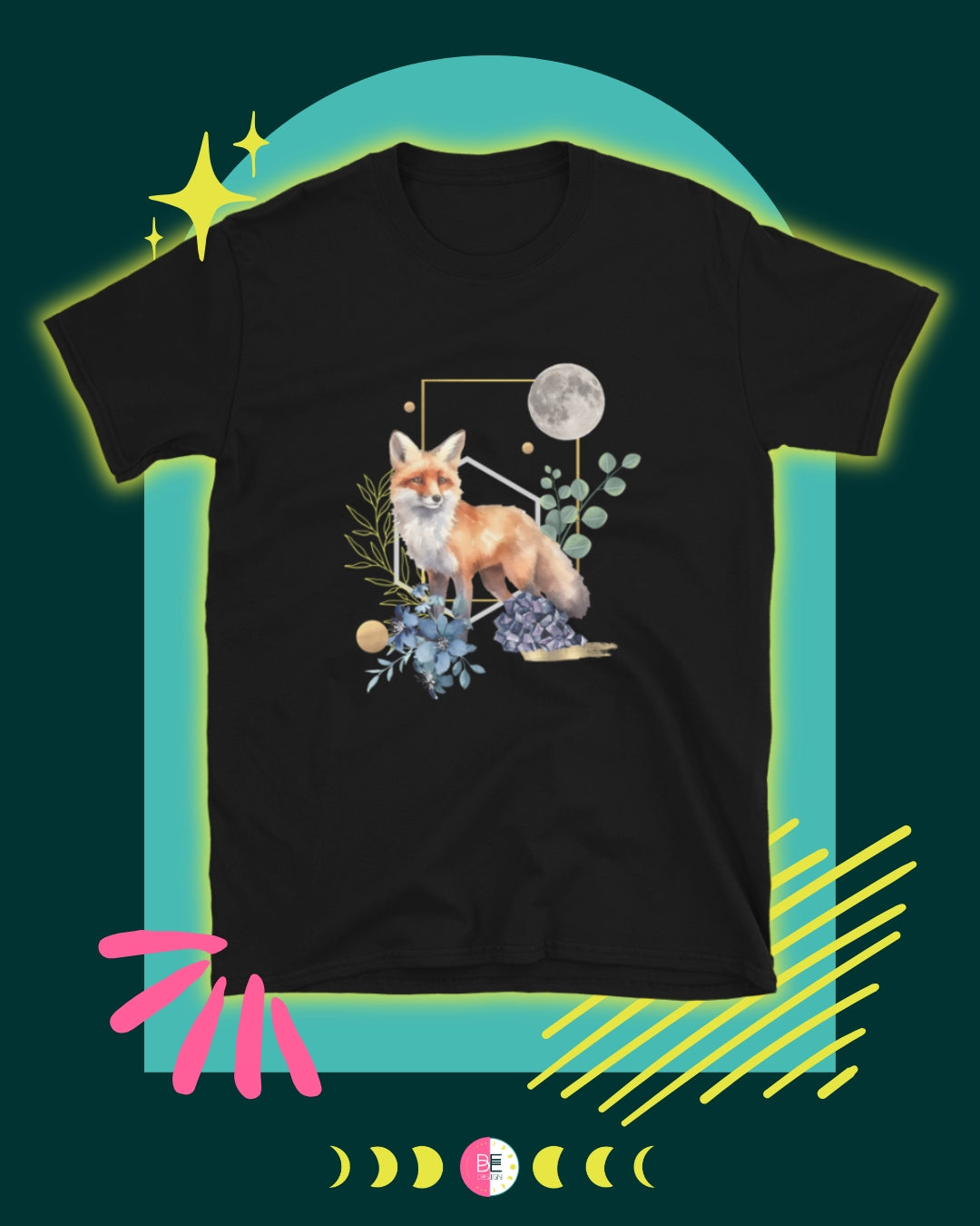 Mystical Fox & Moon Collage T-Shirt from Bohemian Enigma Design