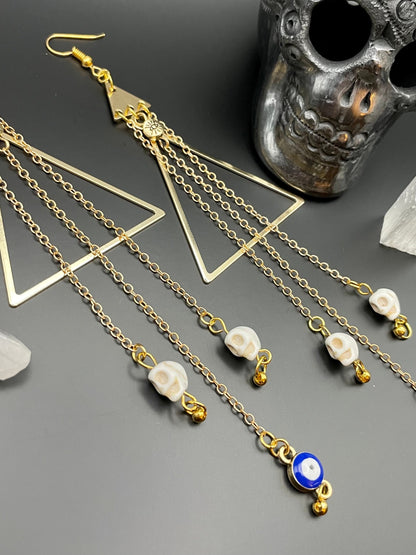 Evil eye and skull golden dangle earrings | Mind’s eye| Witchy earrings | Boho earrings | Nickel Free Hypoallergic plated steel ear wires