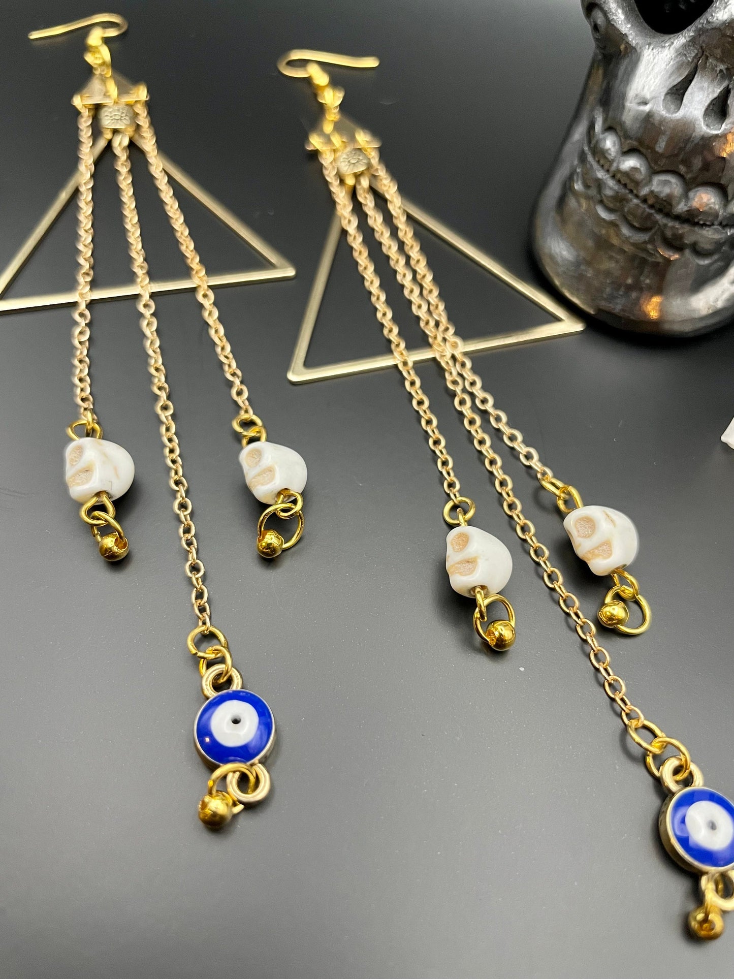 Evil eye and skull golden dangle earrings | Mind’s eye| Witchy earrings | Boho earrings | Nickel Free Hypoallergic plated steel ear wires