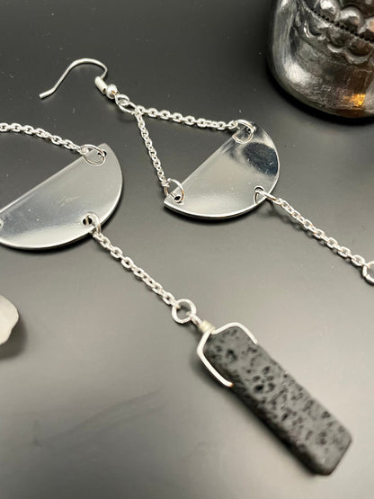 Black lava rock silver semi-circle dangle earrings | Witchy earrings | Boho earrings | Nickel Free Hypoallergic plated steel ear wires