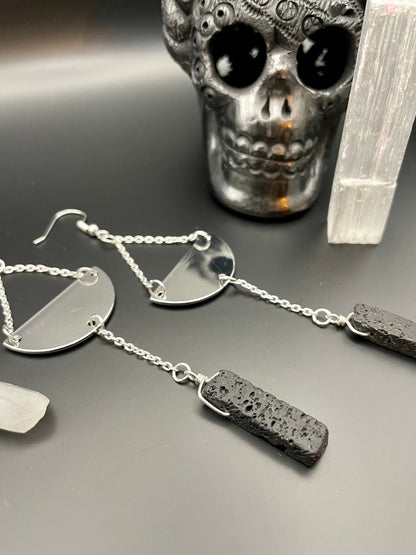 Black lava rock silver semi-circle dangle earrings | Witchy earrings | Boho earrings | Nickel Free Hypoallergic plated steel ear wires