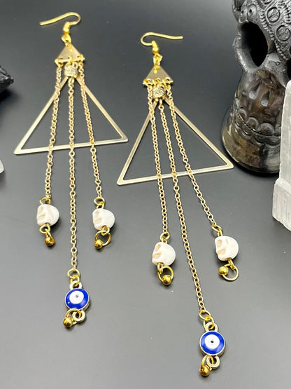 Evil eye and skull golden dangle earrings | Mind’s eye| Witchy earrings | Boho earrings | Nickel Free Hypoallergic plated steel ear wires