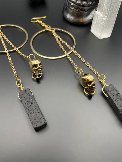 Black lava rock and golden skull statement earrings | Witchy earrings | Boho earrings | Nickel Free Hypoallergic plated steel ear wires