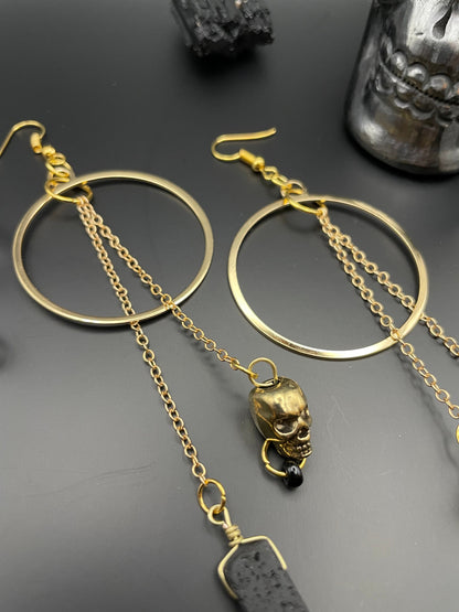 Black lava rock and golden skull statement earrings | Witchy earrings | Boho earrings | Nickel Free Hypoallergic plated steel ear wires
