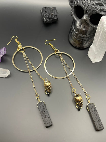 Black lava rock and golden skull statement earrings | Witchy earrings | Boho earrings | Nickel Free Hypoallergic plated steel ear wires