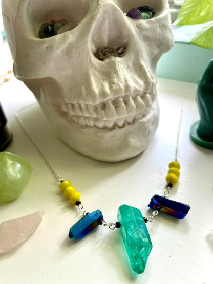 Handcrafted Quartz Crystal Statement Necklace with dyed green and blue quartz, yellow beads | Nickel Free Hypoallergic plated steel chain