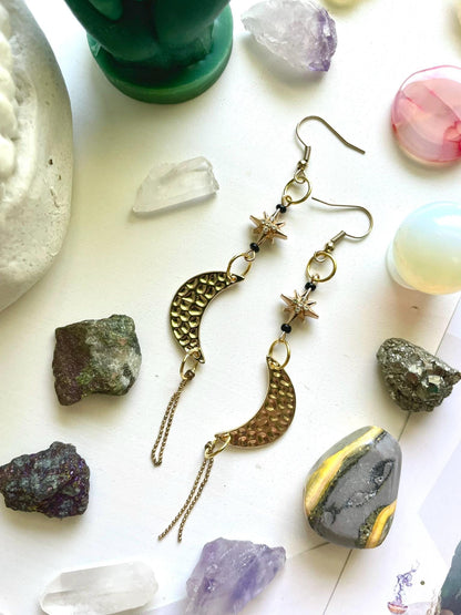 Celestial star and moon witchy dangle statement earrings | Halloween gifts for her |  Nickel Free Hypoallergic ear wires | upcycled beads