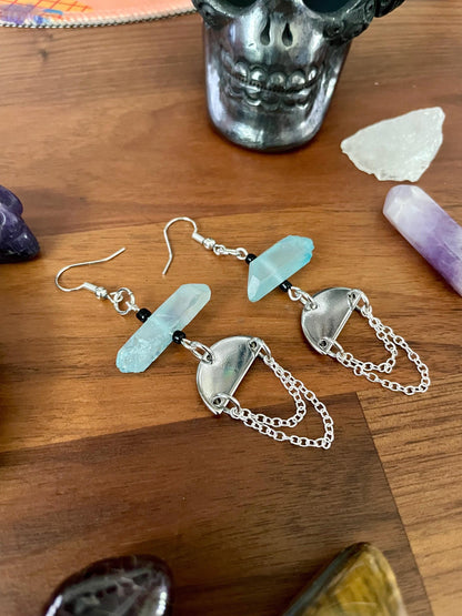 Aqua Quartz Crystal Silver Tone Half Moon Dangly Statement Earrings | Halloween gifts | Nickel Free Hypoallergic ear wires