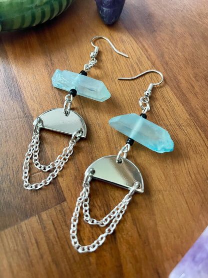 Aqua Quartz Crystal Silver Tone Half Moon Dangly Statement Earrings | Halloween gifts | Nickel Free Hypoallergic ear wires