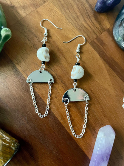 White Turquoise Skull silver medium half moon dangle earrings | Witchy Boho Dangly Statement Earrings | Nickel Free Hypoallergic ear wires