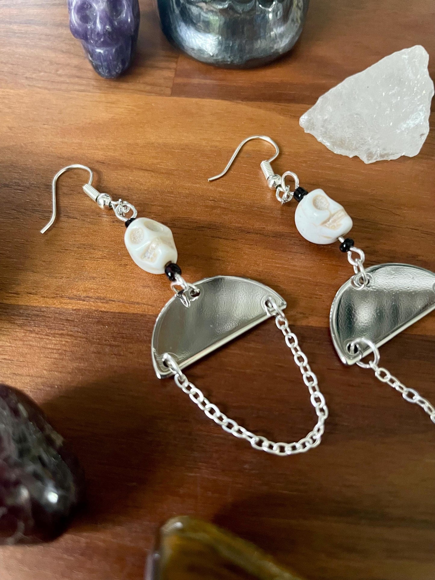 Skull silver half moon dangle earrings | Witchy Boho dangly drop Statement Earrings | Nickel Free Hypoallergic plated steel ear wires