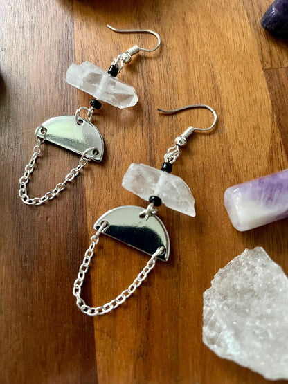 Clear quartz crystal silver half moon dangle statement earrings | Witchy boho earrings | Nickel Free Hypoallergic plated steel ear wires
