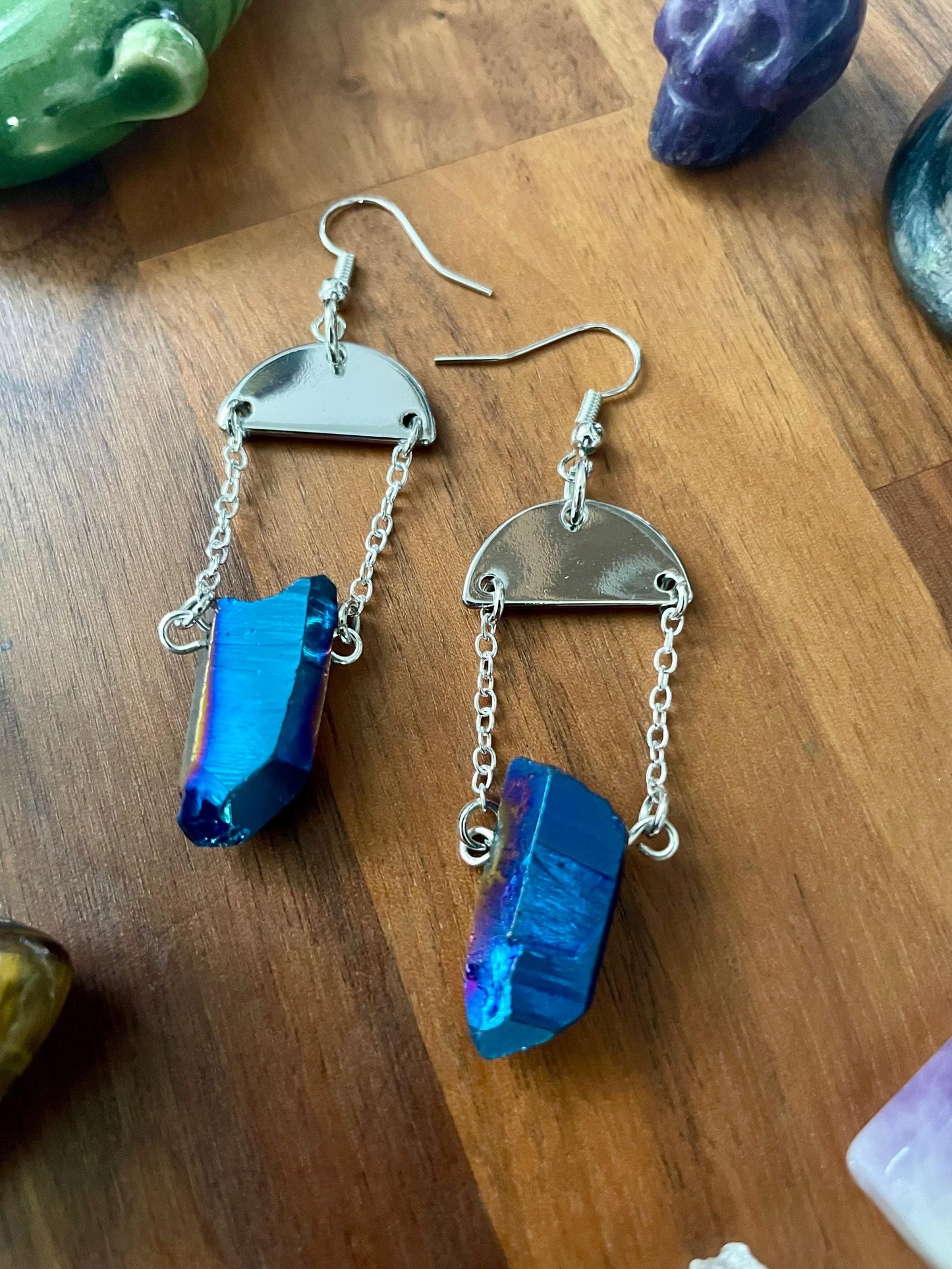 Sapphire Luster Quartz silver semi-circle dangle statement earrings | Nickel Free Hypoallergic plated steel ear wires | Witchy Boho Earrings