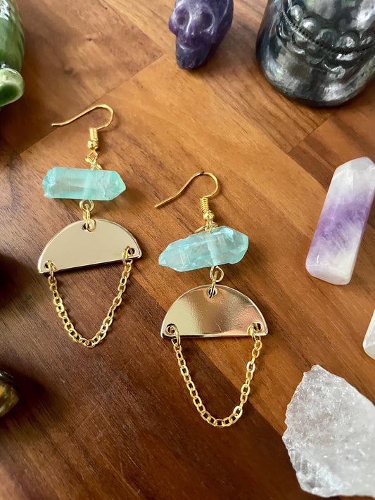Aqua Quartz Crystal Gold Tone Half Moon Dangly Statement Earrings | Halloween gifts | Nickel Free Hypoallergic ear wires