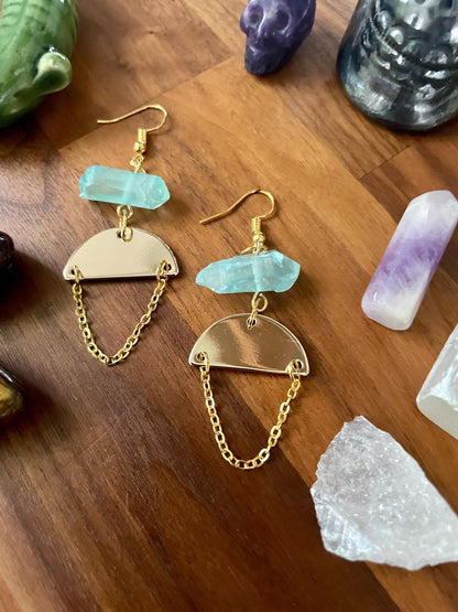 Aqua Quartz Crystal Gold Tone Half Moon Dangly Statement Earrings | Halloween gifts | Nickel Free Hypoallergic ear wires
