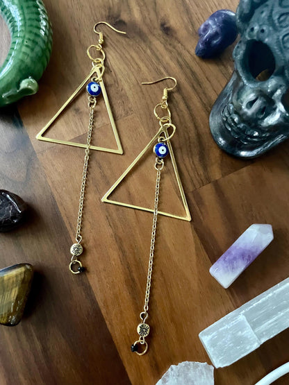 Evil eye & Gold Triangle Dangly Statement Earrings | Halloween gifts | Nickel Free Hypoallergic ear wires | new and upcycled beads
