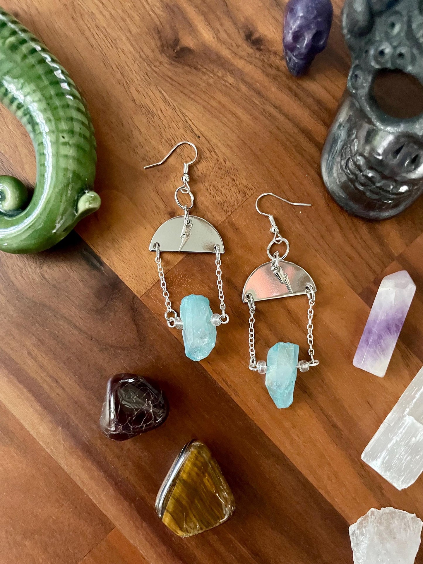Aqua quartz, lightening charm, silver semi-circle dangle statement earrings | witchy boho earrings | Nickel Free Hypoallergic ear wires