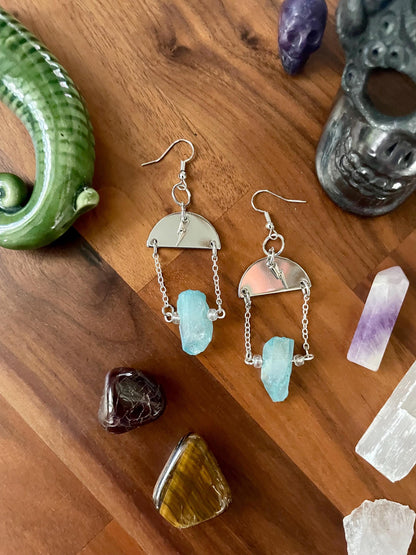 Aqua quartz, lightening charm, silver semi-circle dangle statement earrings | witchy boho earrings | Nickel Free Hypoallergic ear wires