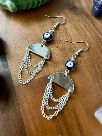 Evil eye silver semi-circle dangle earrings | Witchy Boho dangly drop Statement Earrings | Nickel Free Hypoallergic plated steel ear wires