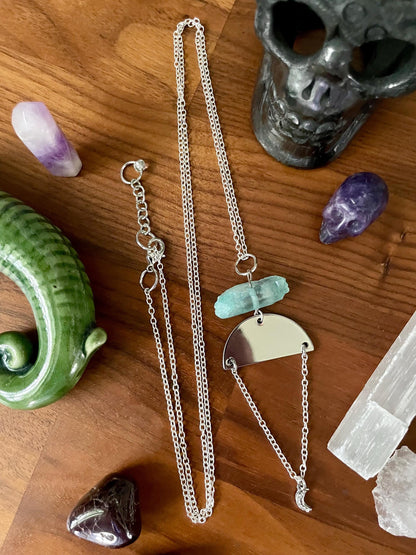 Aqua Quartz Crystal Silver Tone Moon Dangly Half Moon Statement Necklace | Halloween gifts | Nickel Free Hypoallergic chains