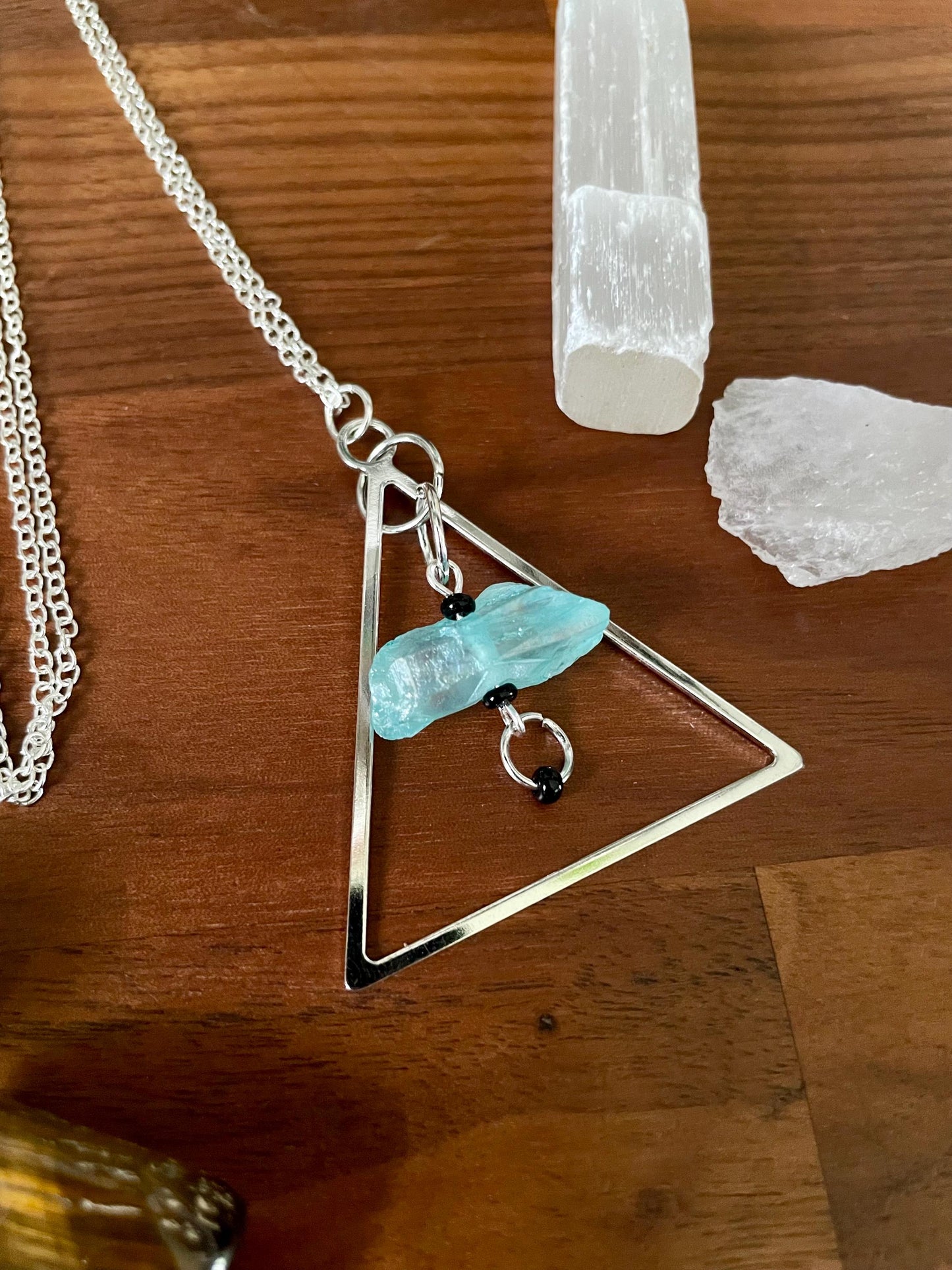 Aqua Quartz Crystal Silver Tone Dangly Triangle Statement Necklace | Halloween gifts | Nickel Free Hypoallergic chains