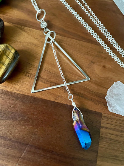 Celestial Sapphire Luster Quartz Mind's Eye Triangle dangle statement Necklace | Nickel Free Hypoallergic chains | Witchy Boho Necklace