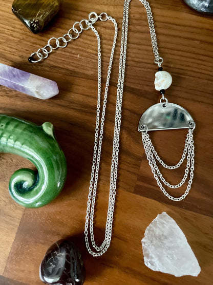 White Turquoise Skull Silver Half Moon Pendant Statement Necklace | Witchy Boho Dangly Statement necklace | Nickel Free Hypoallergic chains
