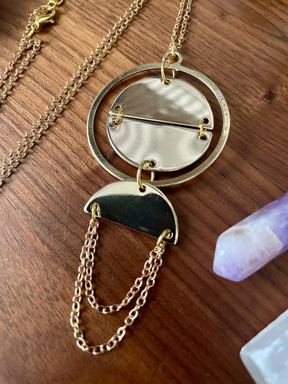 Golden Spellbinder Statement Necklace | Witchy Boho Circular Pendant | Nickel Free Hypoallergic gold tone chain
