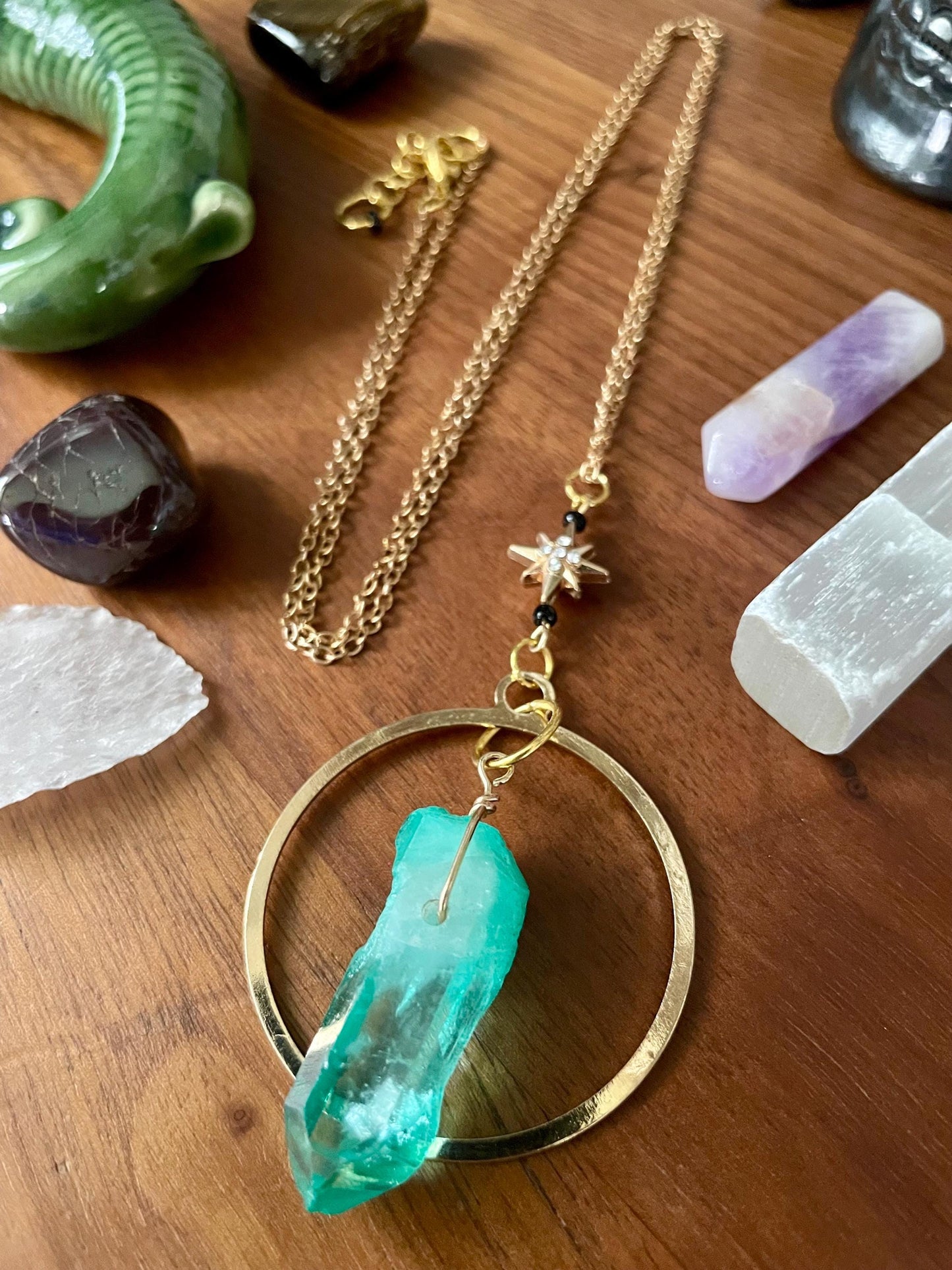 Celestial Green Sedona Quartz Twinkle Star Gold Dangle Statement Necklace | Nickel Free Hypoallergic chains | Witchy Boho Necklace