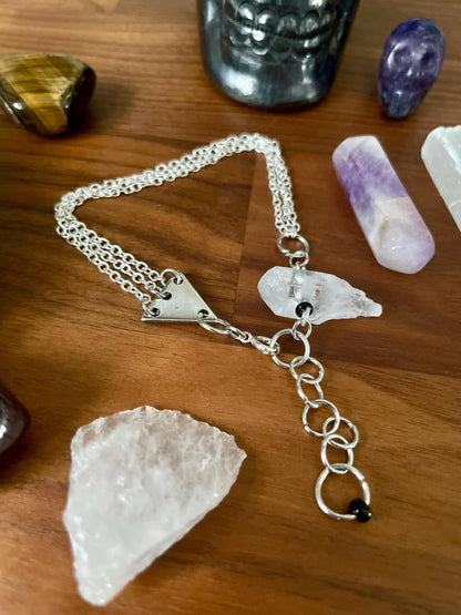 Clear quartz dangly three chain adjustable size bracelet | Witchy boho punk bracelet | Nickel Free Hypoallergic silver tone chain