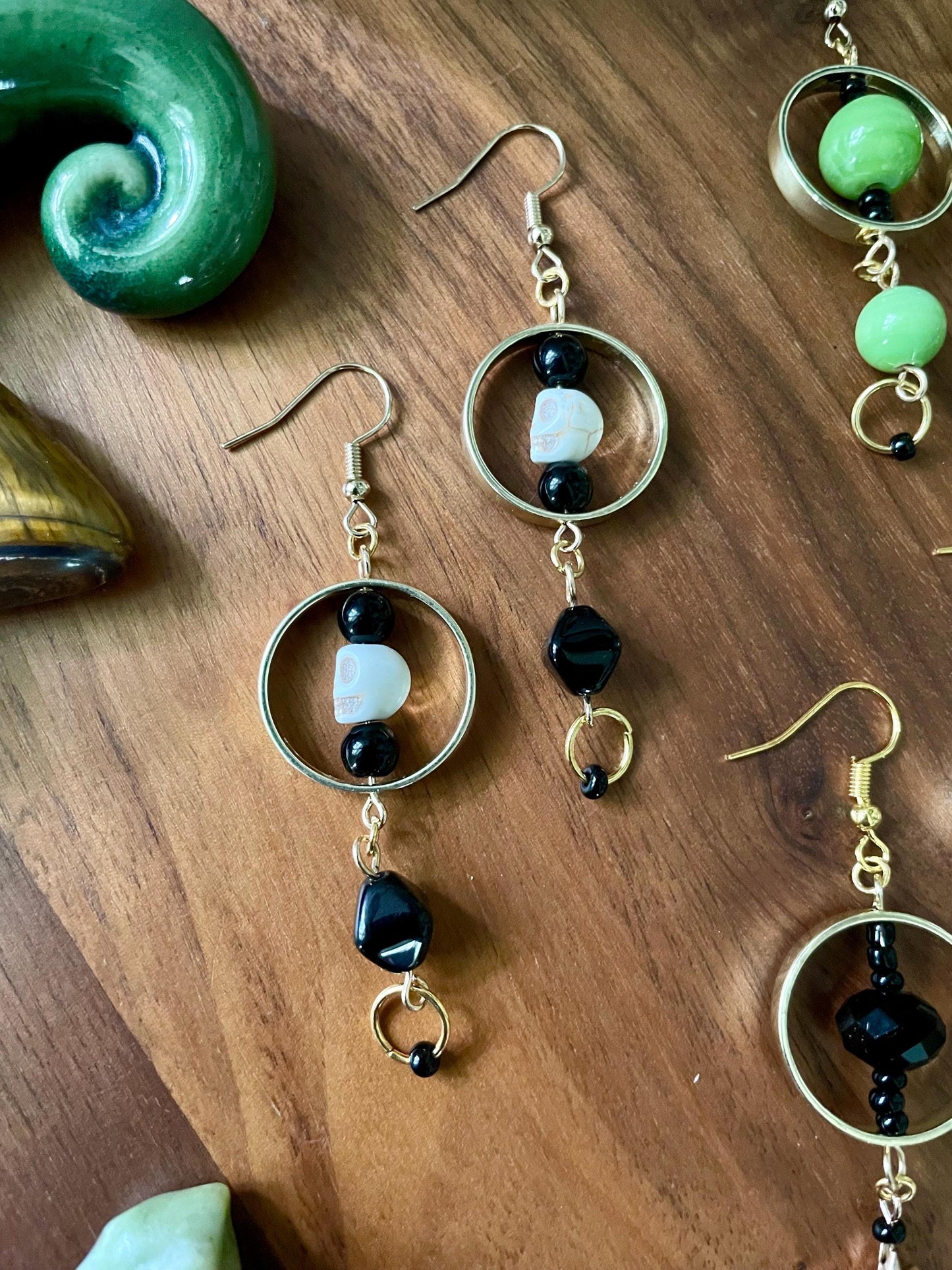 Gold, black, and white Howlite Skull statement earrings | Halloween gifts for her |  Nickel Free Hypoallergic ear wires | upcycled beads