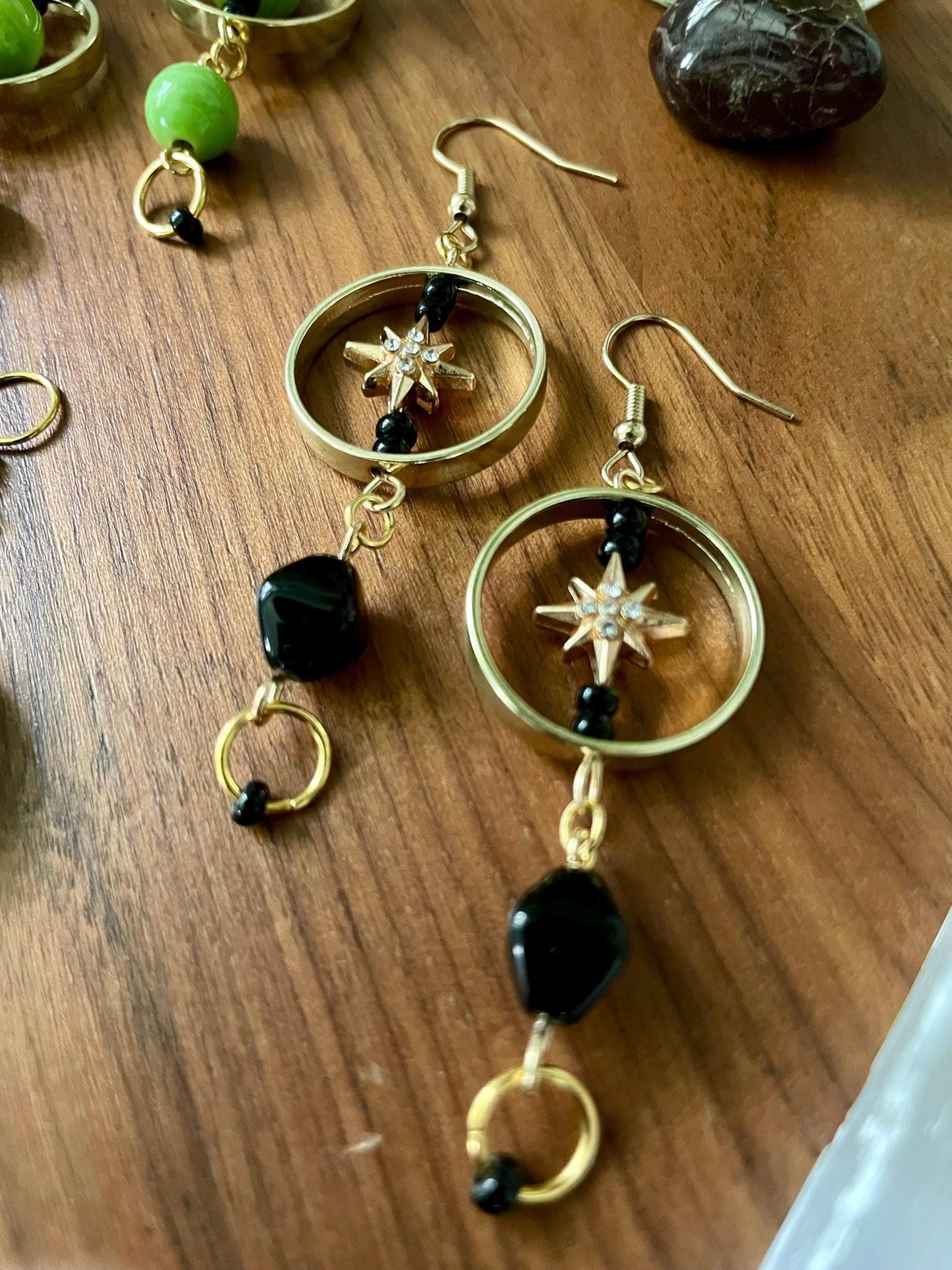 Black & Gold Celestial Star Dangly Statement Earrings | Halloween gifts | Nickel Free Hypoallergic ear wires | new and upcycled beads