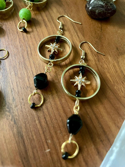 Black & Gold Celestial Star Dangly Statement Earrings | Halloween gifts | Nickel Free Hypoallergic ear wires | new and upcycled beads