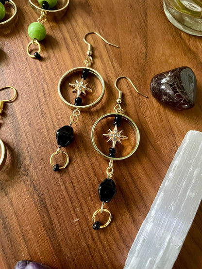 Black & Gold Celestial Star Dangly Statement Earrings | Halloween gifts | Nickel Free Hypoallergic ear wires | new and upcycled beads