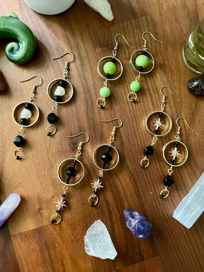 Black & Gold Celestial Star Dangly Statement Earrings | Halloween gifts | Nickel Free Hypoallergic ear wires | new and upcycled beads