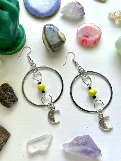Yellow and Silver Man in the Moon Circle Statement Earrings |  Nickel Free Hypoallergic ear wires | upcycled and new beads | Celestial Gift