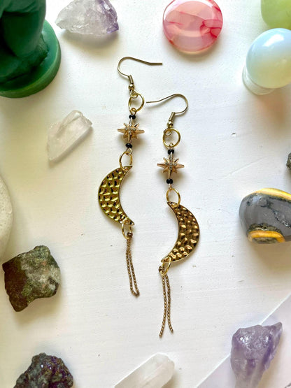 Celestial star and moon witchy dangle statement earrings | Halloween gifts for her |  Nickel Free Hypoallergic ear wires | upcycled beads