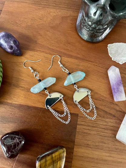 Aqua Quartz Crystal Silver Tone Half Moon Dangly Statement Earrings | Halloween gifts | Nickel Free Hypoallergic ear wires