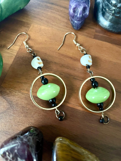 Black, Gold, and Green Skull Dangly Statement Earrings | Halloween gifts | Nickel Free Hypoallergic ear wires | new and upcycled beads