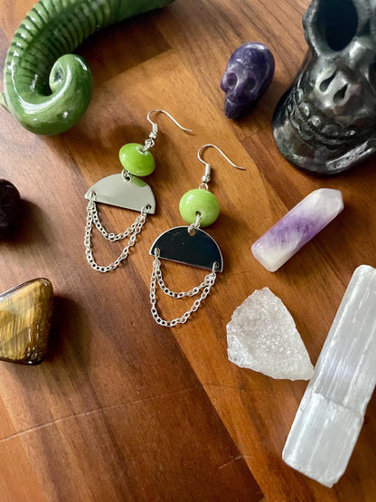 Vintage Green Bead silver semi-circle dangle earrings | Witchy Boho dangly drop Statement Earrings | Nickel Free Hypoallergic ear wires