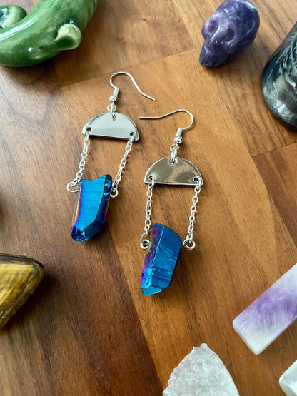 Sapphire Luster Quartz silver semi-circle dangle statement earrings | Nickel Free Hypoallergic plated steel ear wires | Witchy Boho Earrings