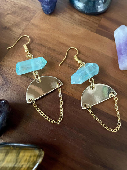 Aqua Quartz Crystal Gold Tone Half Moon Dangly Statement Earrings | Halloween gifts | Nickel Free Hypoallergic ear wires