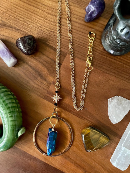 Celestial Sapphire Luster Quartz twinkle star gold dangle statement Necklace | Nickel Free Hypoallergic chains | Witchy Boho Necklace