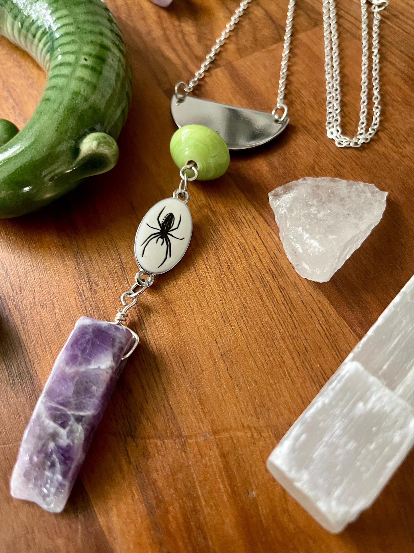 Amethyst spider statement necklace | Green and Purple Witchy Boho Halloween Necklace | Nickel Free Hypoallergic chain