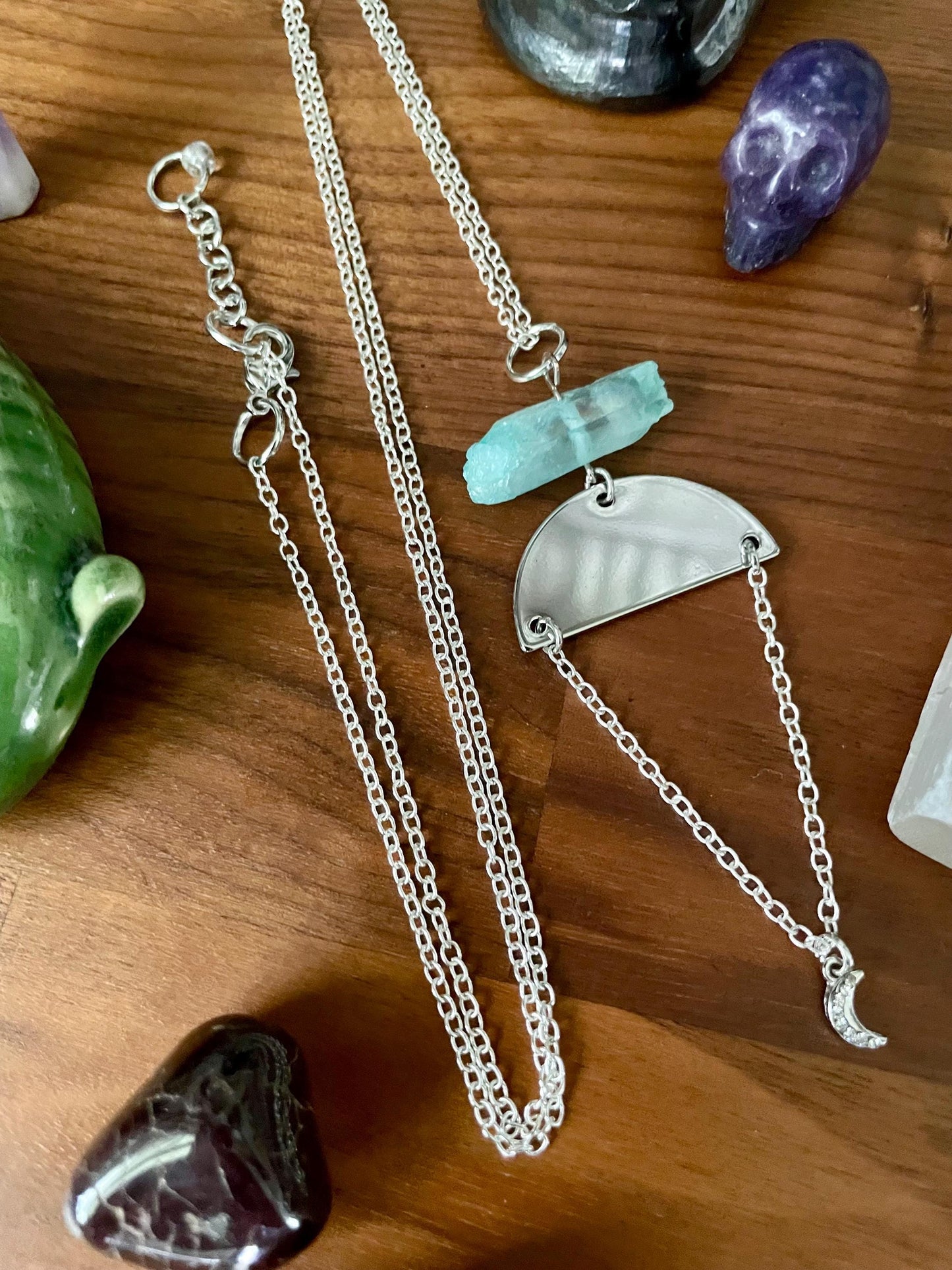 Aqua Quartz Crystal Silver Tone Moon Dangly Half Moon Statement Necklace | Halloween gifts | Nickel Free Hypoallergic chains