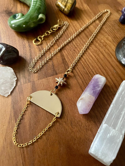 Black & Gold Celestial Star Dangly Pendant Statement Necklace | Witchy necklace | Boho necklace | Nickel Free Hypoallergic chain