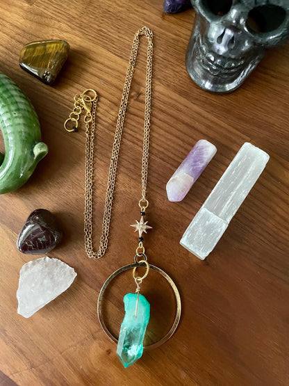 Celestial Green Sedona Quartz Twinkle Star Gold Dangle Statement Necklace | Nickel Free Hypoallergic chains | Witchy Boho Necklace
