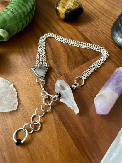 Clear quartz dangly three chain adjustable size bracelet | Witchy boho punk bracelet | Nickel Free Hypoallergic silver tone chain