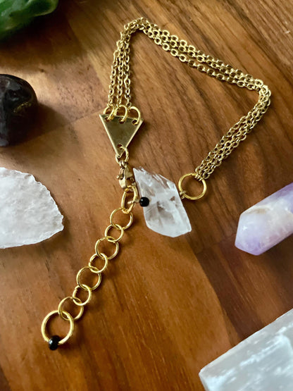 Clear quartz dangly three chain adjustable size bracelet | Witchy boho punk bracelet | Nickel Free Hypoallergic gold tone chain